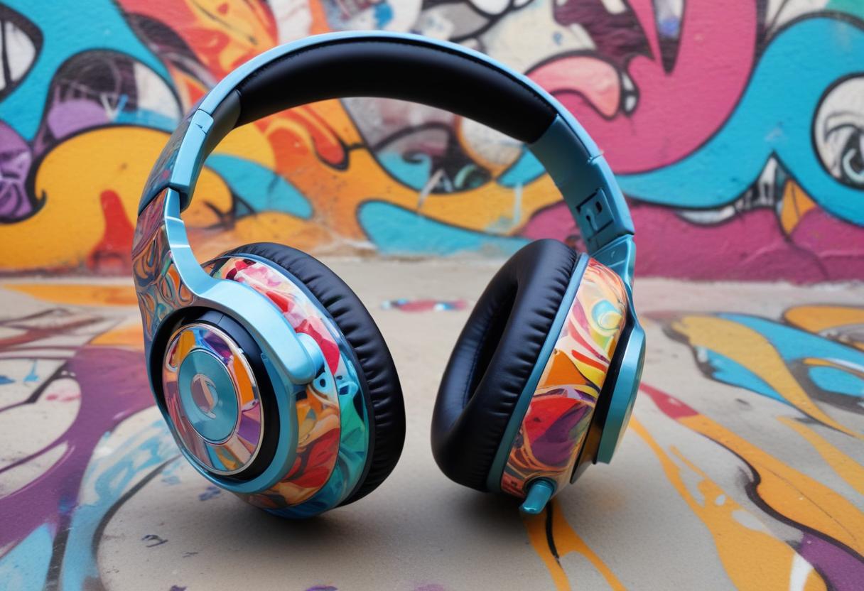 Colorful headphones lay on a graffiti-covered wall Colorful headphones lay on a graffiti-covered wall