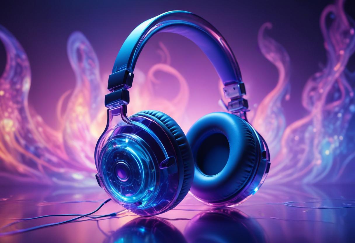 Blue headphones on a purple and pink background Blue headphones on a purple and pink background