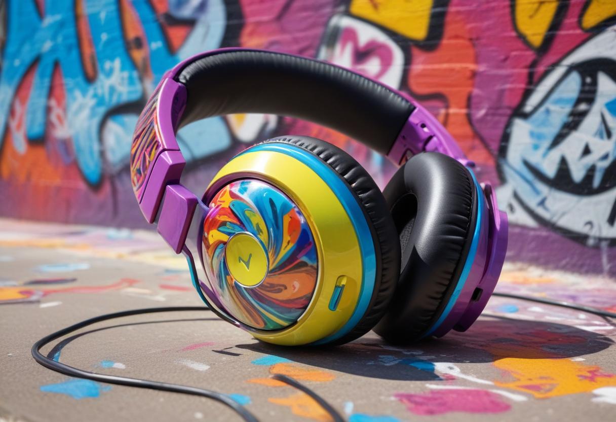 Colorful headphones rest against a graffiti wall Colorful headphones rest against a graffiti wall