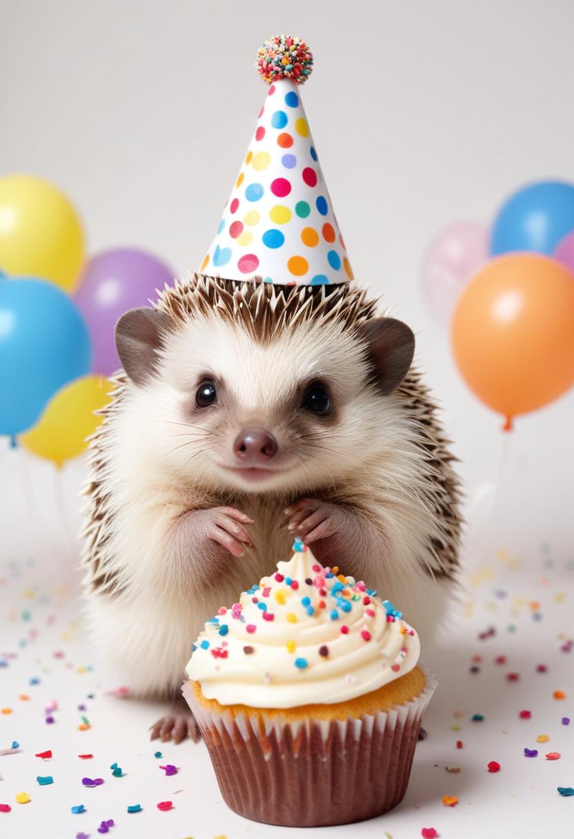 A hedgehog wearing a party hat enjoys a cupcake A hedgehog wearing a party hat enjoys a cupcake