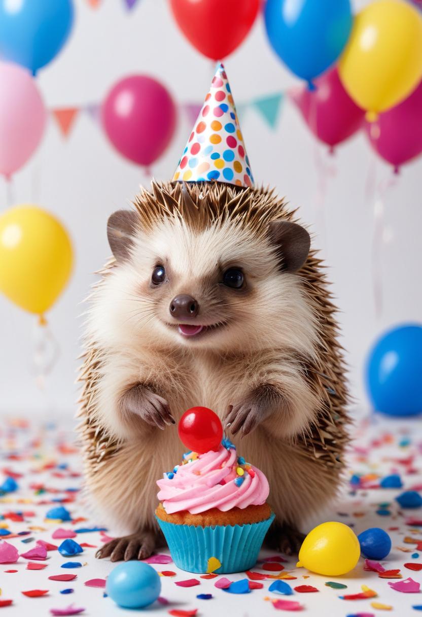 A hedgehog wearing a party hat stands next to a cupcake A hedgehog wearing a party hat stands next to a cupcake