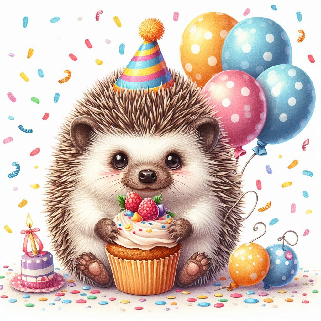 A cute hedgehog celebrates with a cupcake and balloons A cute hedgehog celebrates with a cupcake and balloons
