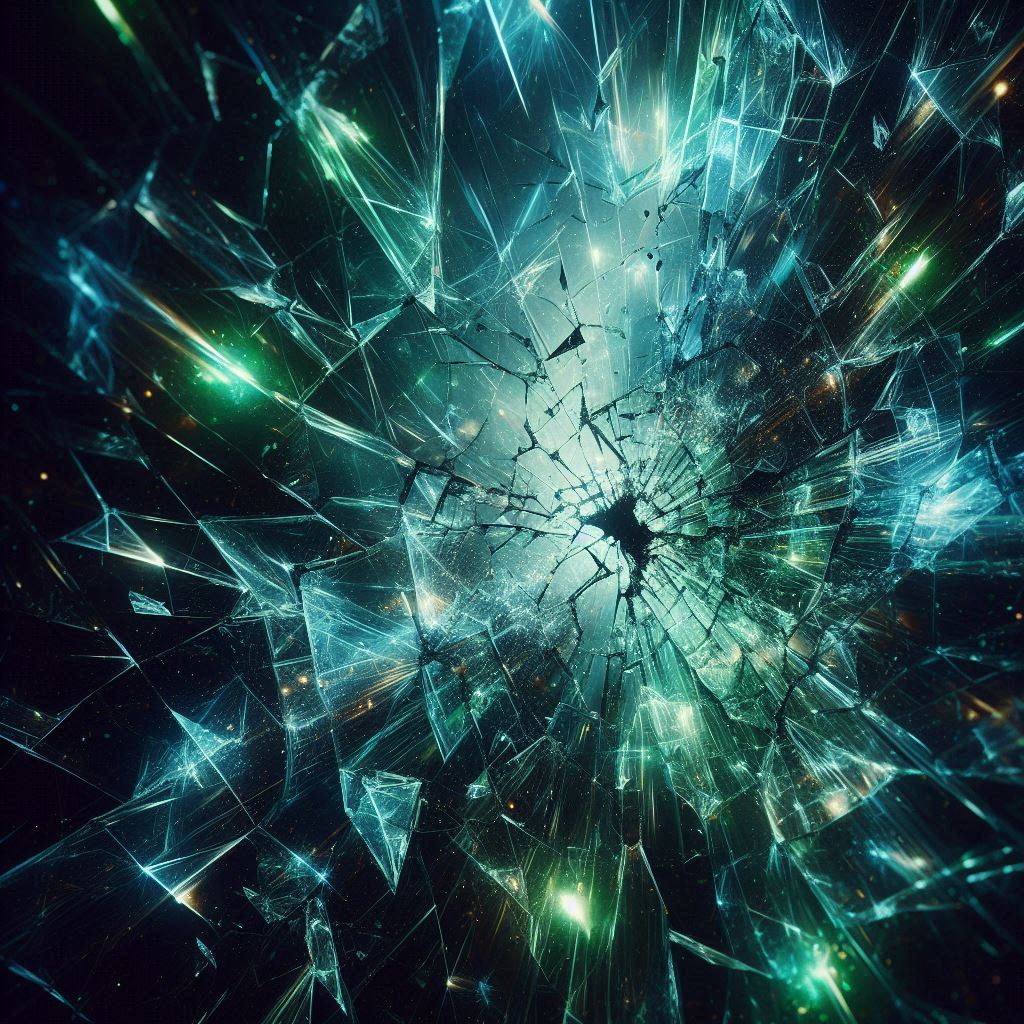A shattered glass window with glowing edges A shattered glass window with glowing edges