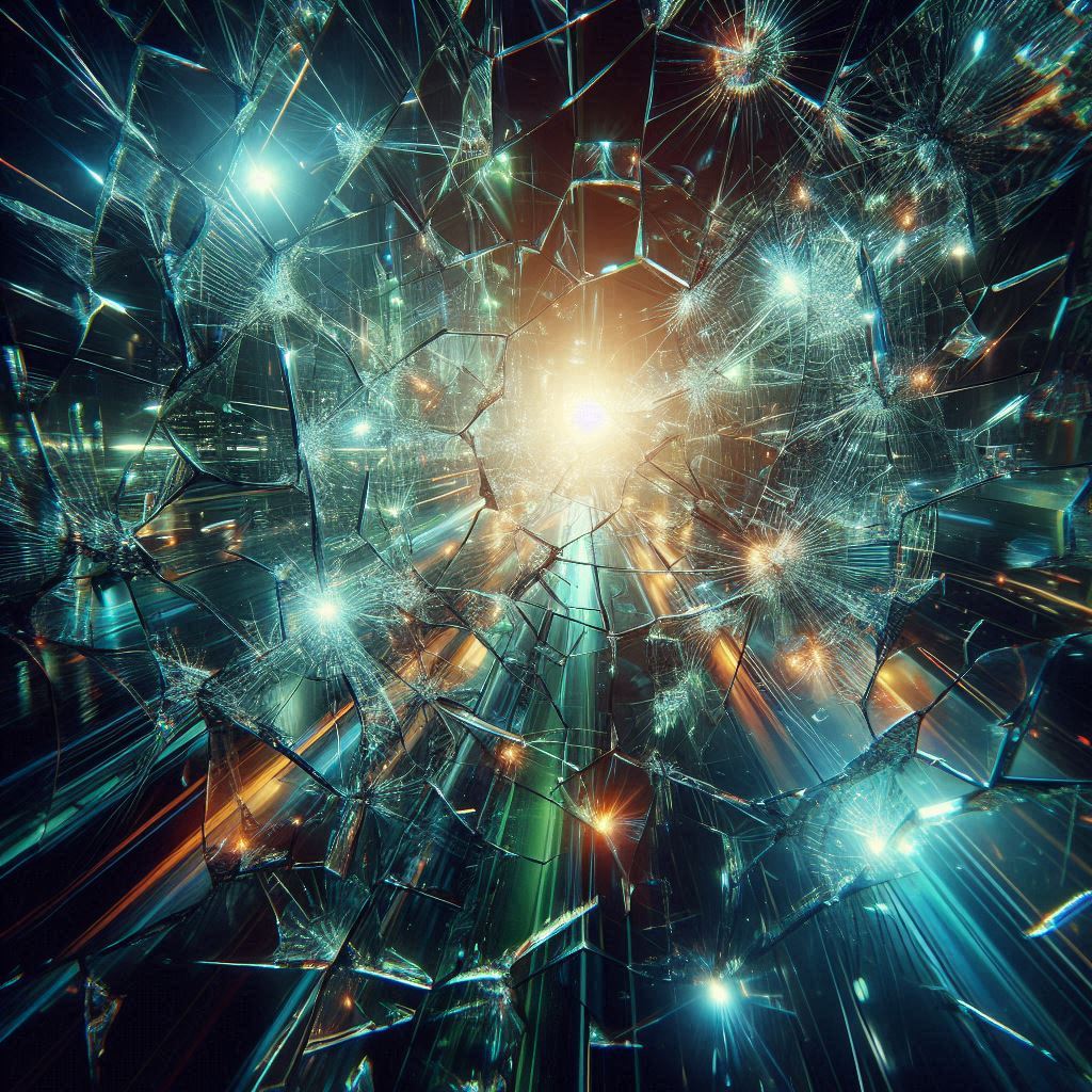 A city street at night seen through broken glass A city street at night seen through broken glass