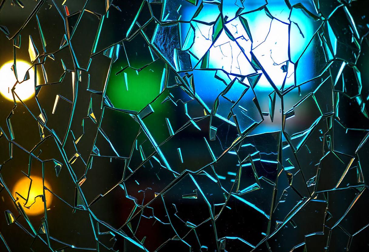 Cracked glass reflects colorful lights at night Cracked glass reflects colorful lights at night