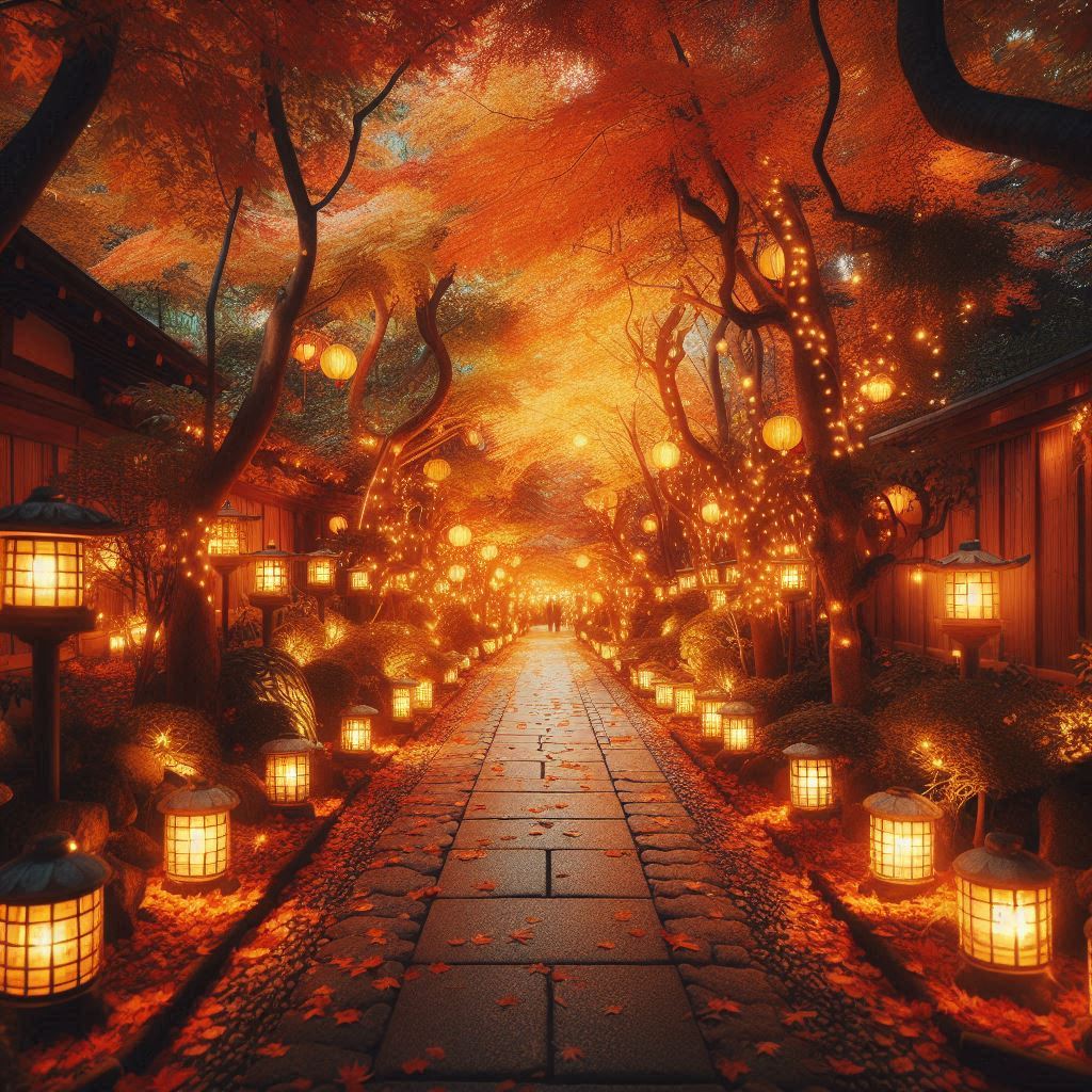 Lantern-lit stone path through a japanese forest Lantern-lit stone path through a japanese forest