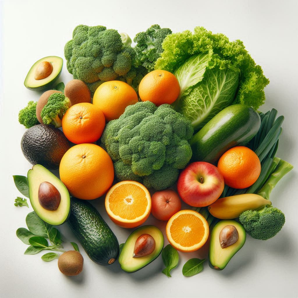 Fresh fruits and vegetables on a white background Fresh fruits and vegetables on a white background