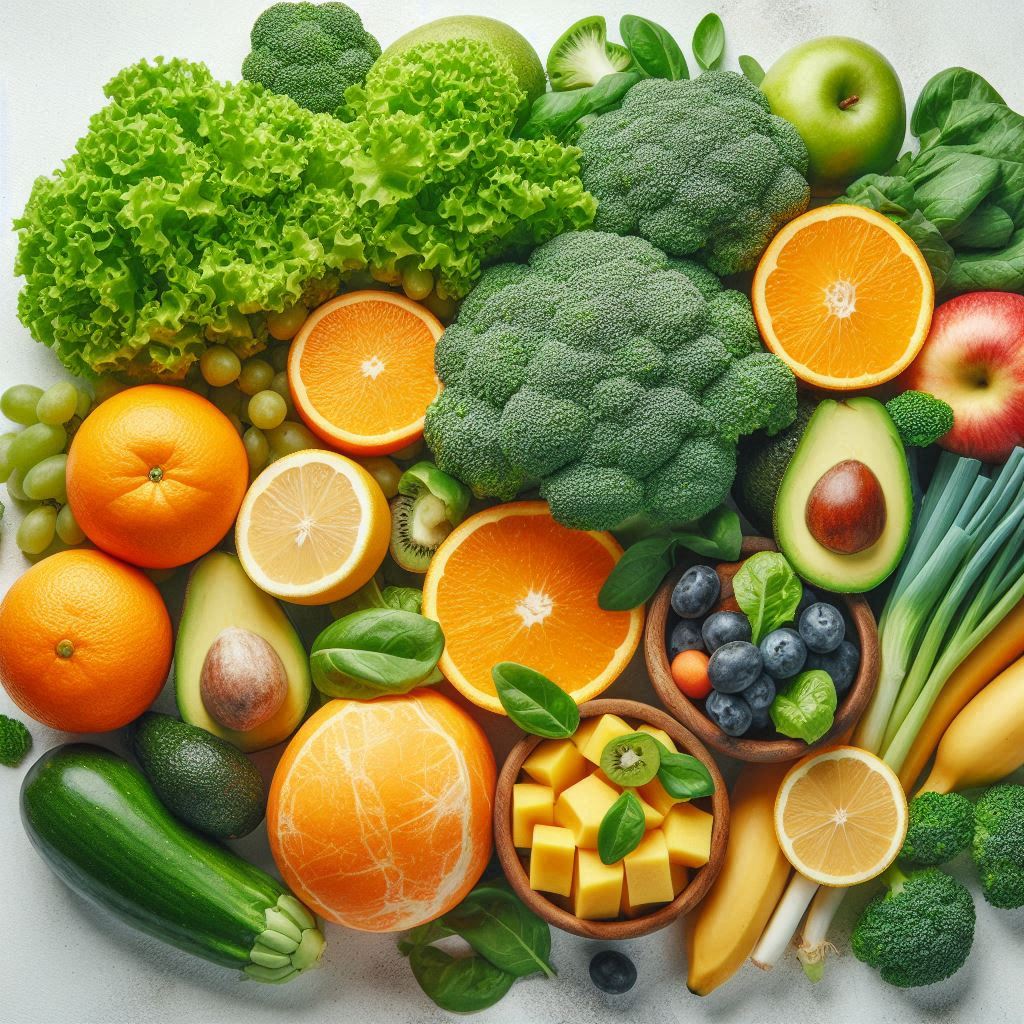 Fresh fruits and vegetables on a white surface Fresh fruits and vegetables on a white surface