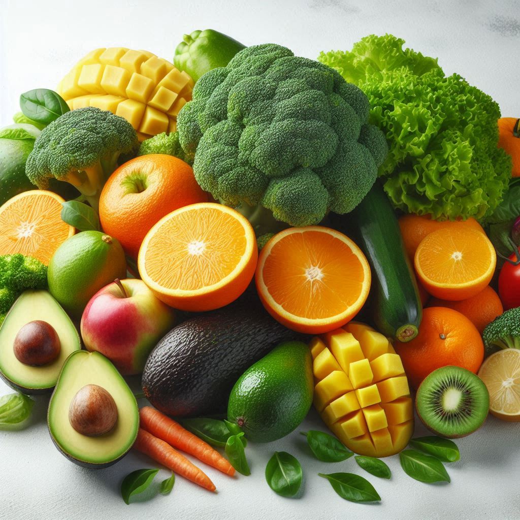 Fresh fruits and veggies on a white background Fresh fruits and veggies on a white background