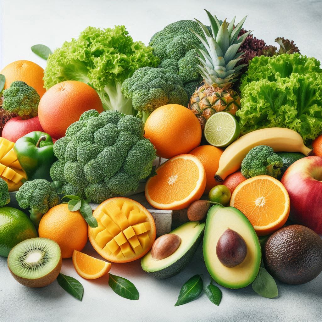 Fresh fruits and veggies laid out on white Fresh fruits and veggies laid out on white