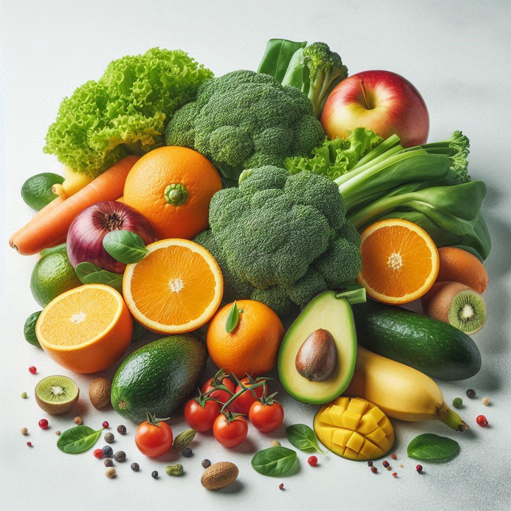 Fresh fruits and veggies on a white background Fresh fruits and veggies on a white background