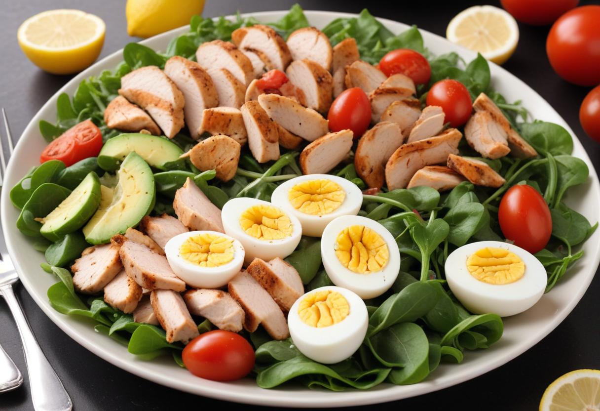 A healthy salad with chicken, avocado, eggs, and tomatoes A healthy salad with chicken, avocado, eggs, and tomatoes