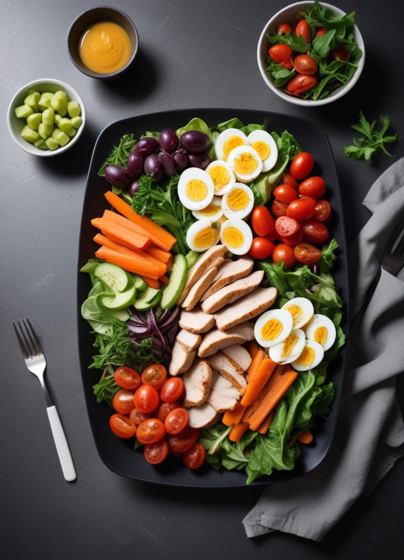 A colorful salad with chicken, eggs, and vegetables