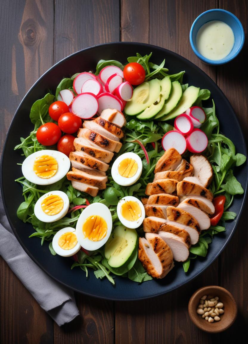 A healthy chicken salad with avocado, radish, and eggs A healthy chicken salad with avocado, radish, and eggs