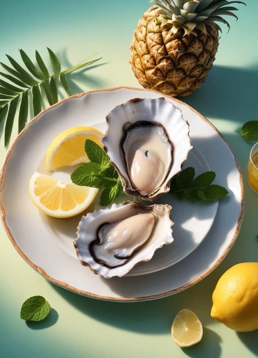 Two fresh oysters on a plate with lemon and mint Two fresh oysters on a plate with lemon and mint