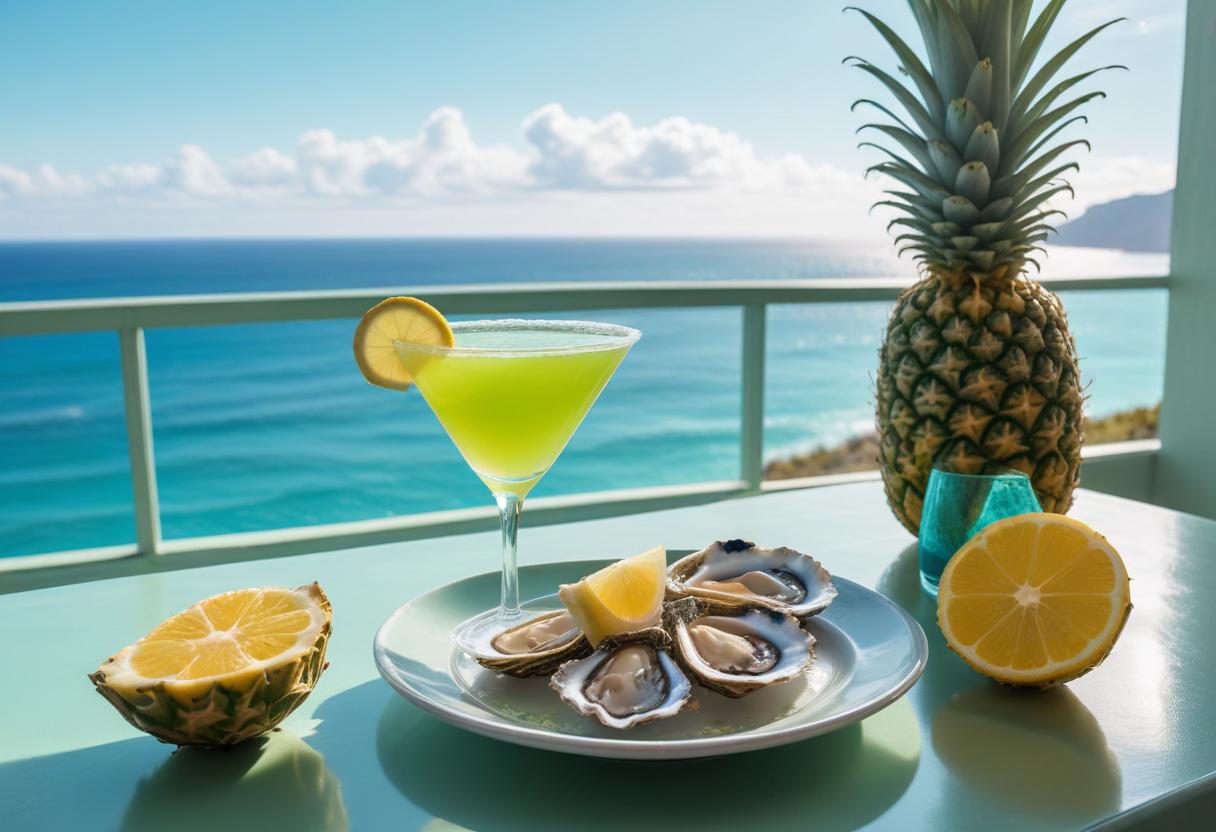Ocean-view balcony with oysters and a cocktail Ocean-view balcony with oysters and a cocktail