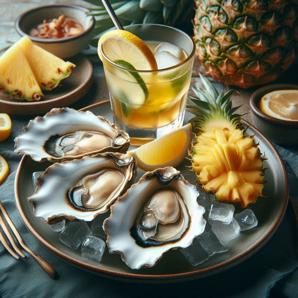 Fresh oysters on ice with pineapple and a citrus drink Fresh oysters on ice with pineapple and a citrus drink