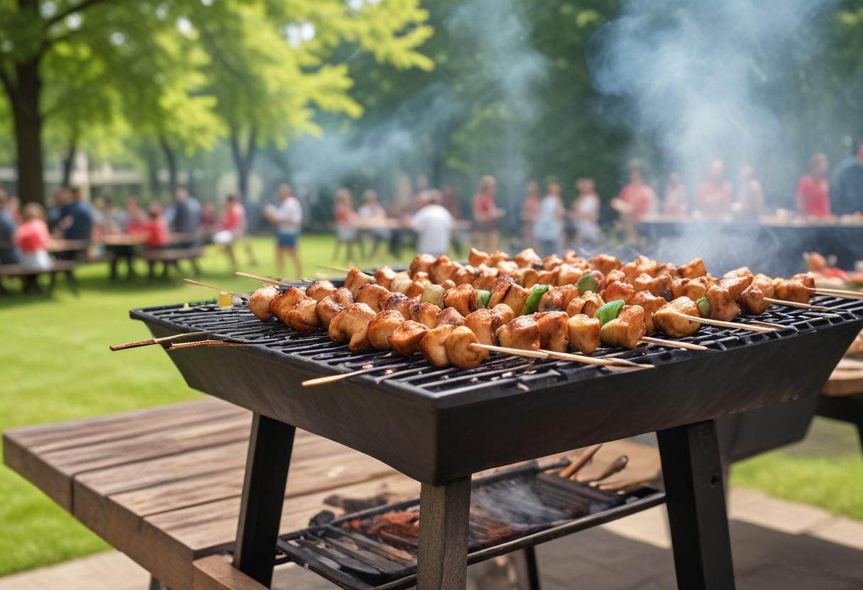 Chicken skewers grilling at a summer barbecue Chicken skewers grilling at a summer barbecue