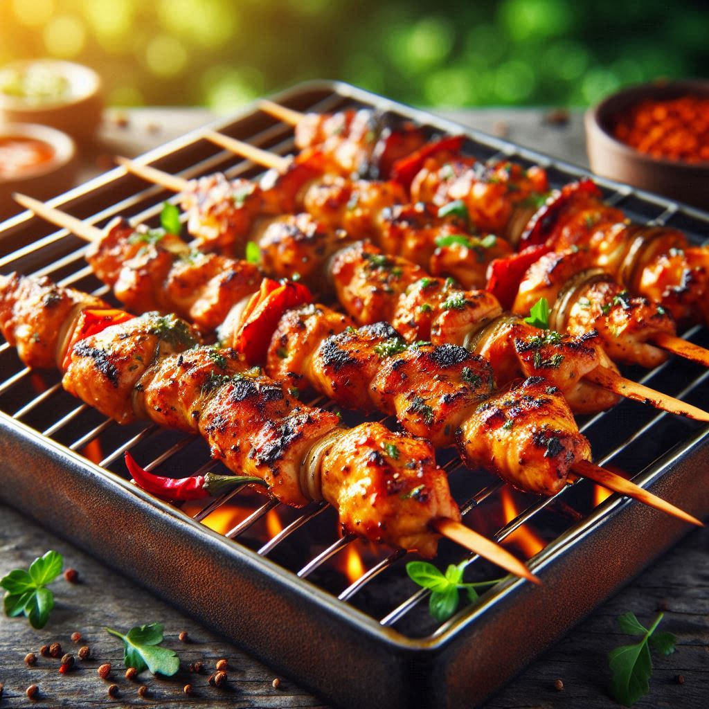 Grilled chicken skewers on a barbecue Grilled chicken skewers on a barbecue