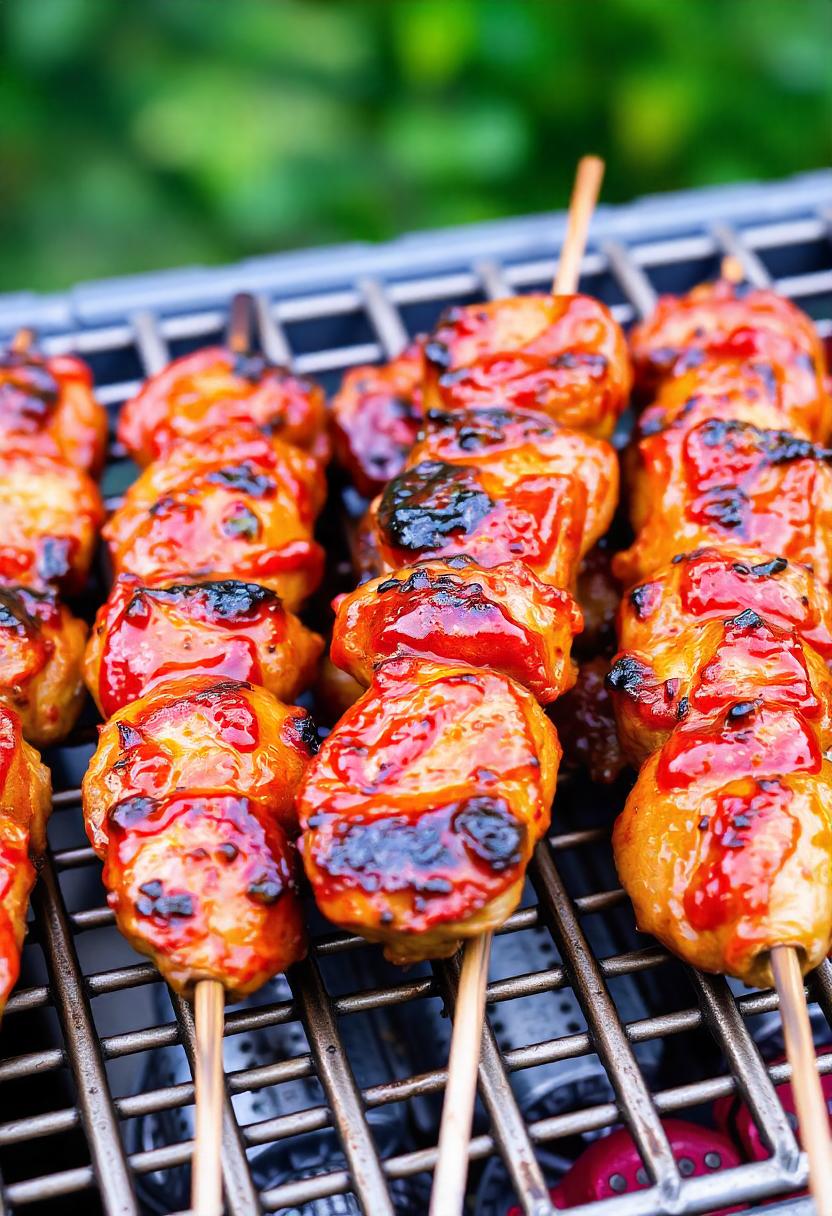 Glazed chicken skewers grilling over hot coals Glazed chicken skewers grilling over hot coals