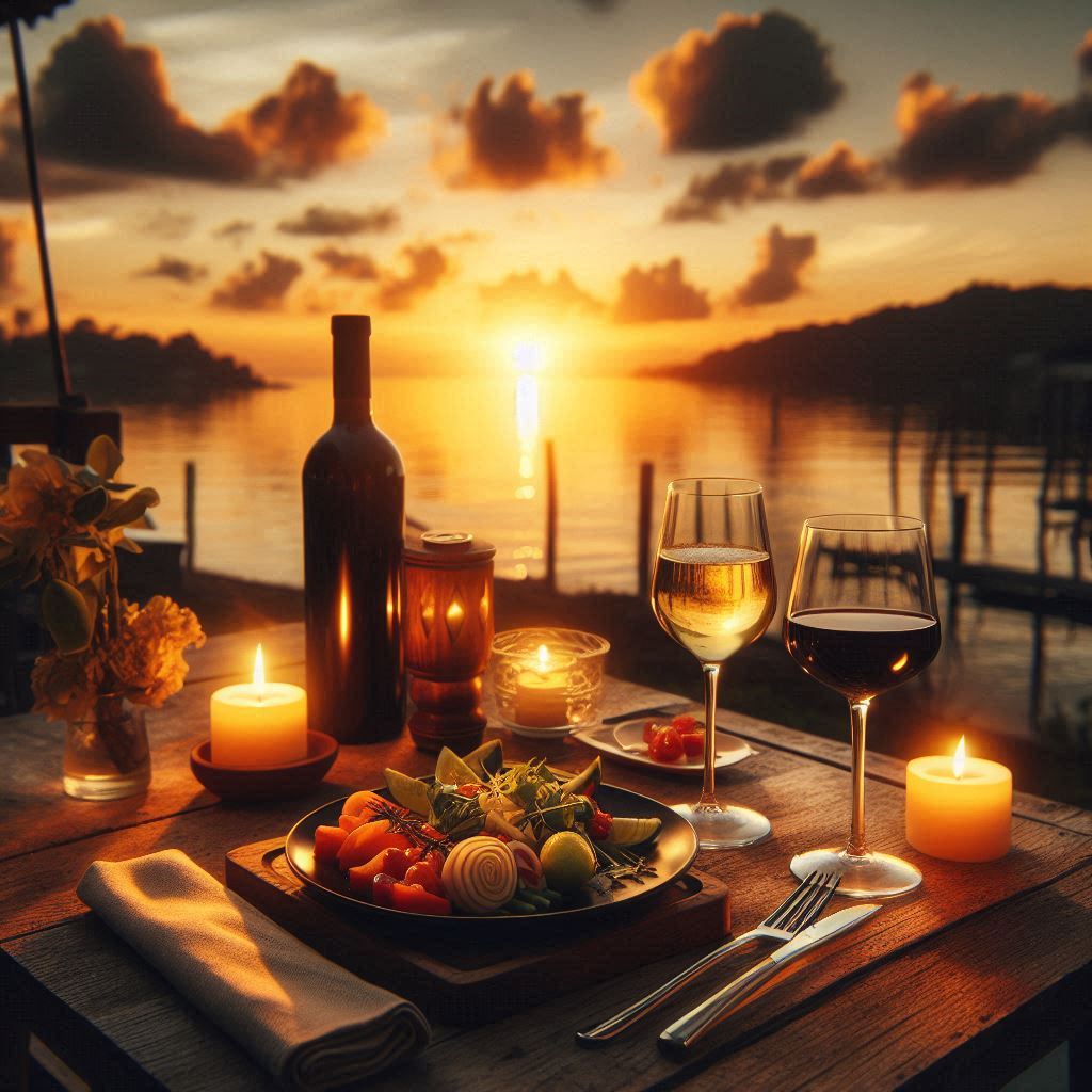 Romantic dinner by the water at sunset Romantic dinner by the water at sunset