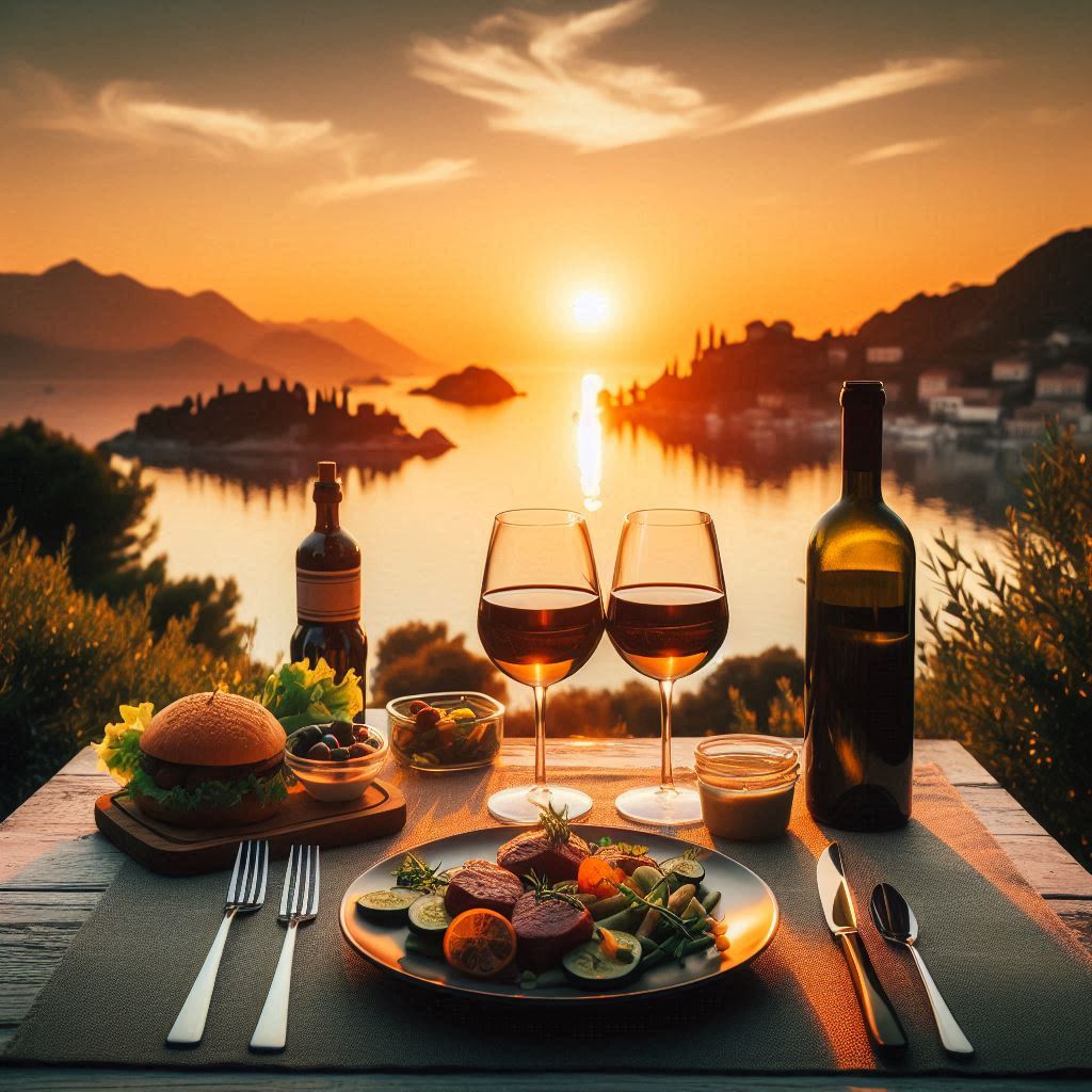 A romantic dinner for two with a stunning sunset view A romantic dinner for two with a stunning sunset view