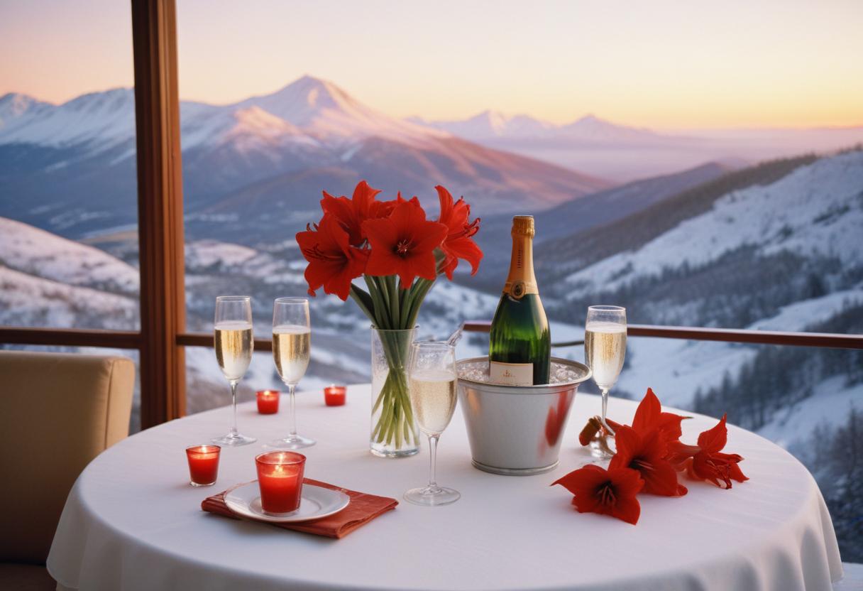 A romantic dinner with a view of snowy mountains A romantic dinner with a view of snowy mountains