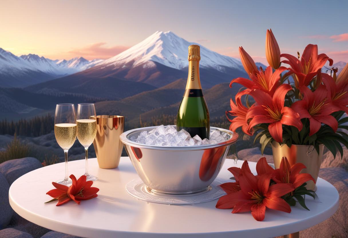 Champagne and flowers on a mountaintop at sunset Champagne and flowers on a mountaintop at sunset