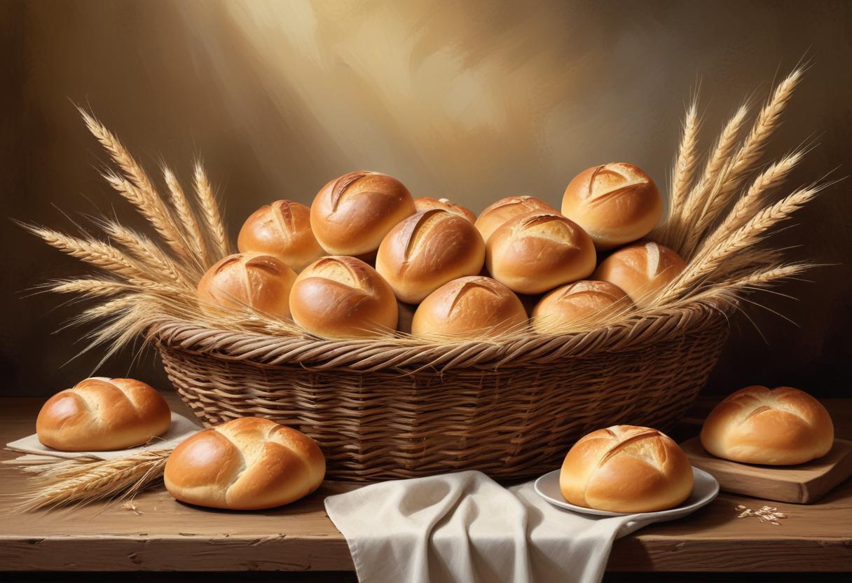 Fresh rolls in a basket with wheat on the table Fresh rolls in a basket with wheat on the table
