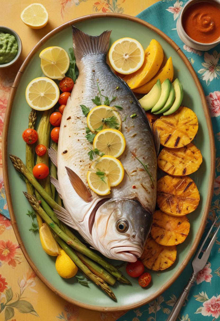 A grilled fish dinner with lemon, asparagus, and tomatoes A grilled fish dinner with lemon, asparagus, and tomatoes