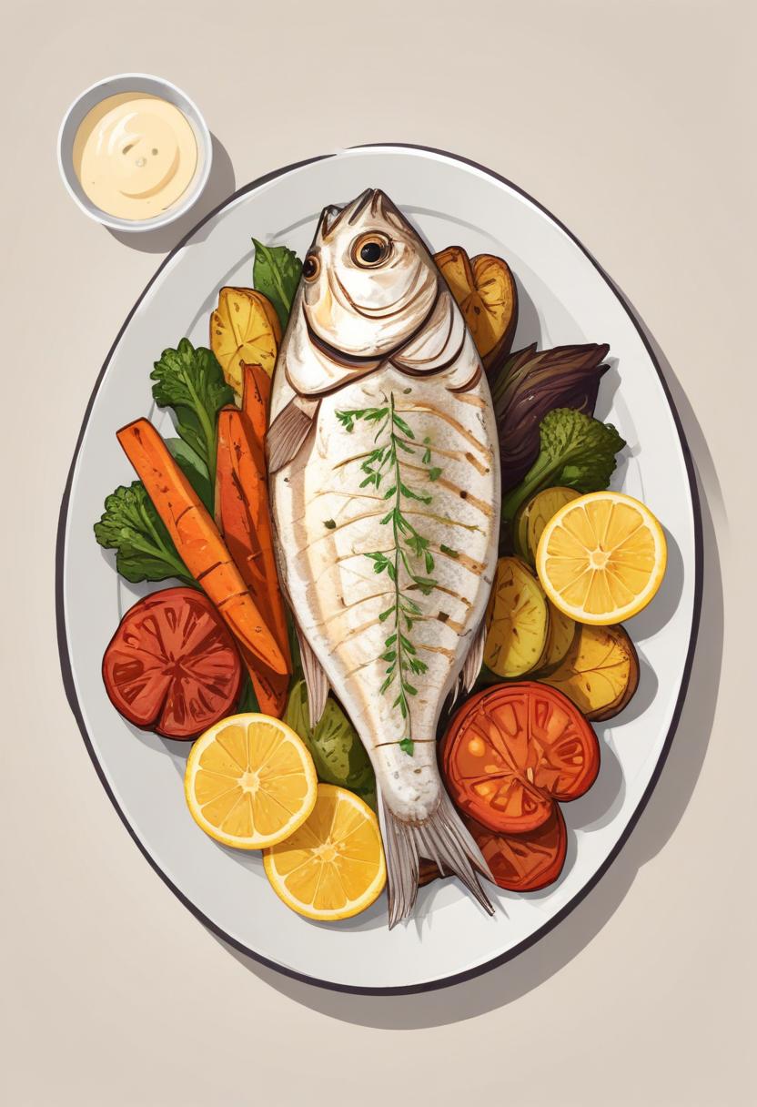 Grilled fish with lemon, tomatoes, and carrots Grilled fish with lemon, tomatoes, and carrots