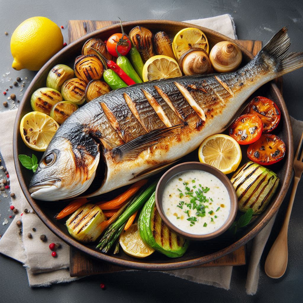 Grilled fish with lemon and vegetables on a plate Grilled fish with lemon and vegetables on a plate