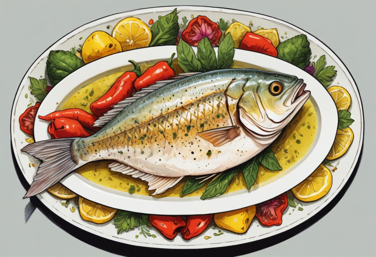 A white oval platter holds a whole roasted fish A white oval platter holds a whole roasted fish