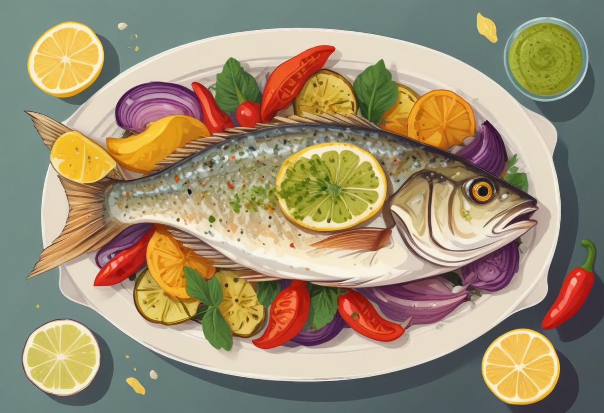 A roasted fish with lemon and vegetables on a white plate A roasted fish with lemon and vegetables on a white plate