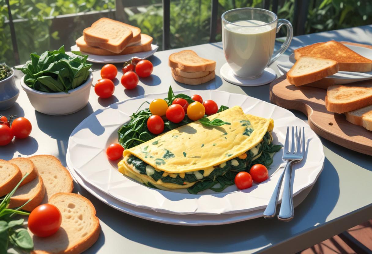 A spinach and cheese omelette with toast on a patio table A spinach and cheese omelette with toast on a patio table