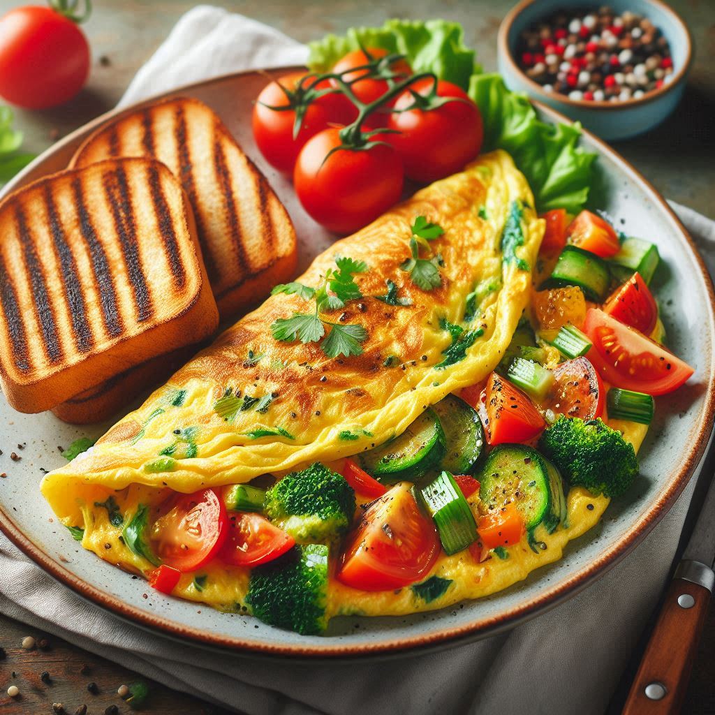 A delicious omelet with vegetables and toast A delicious omelet with vegetables and toast