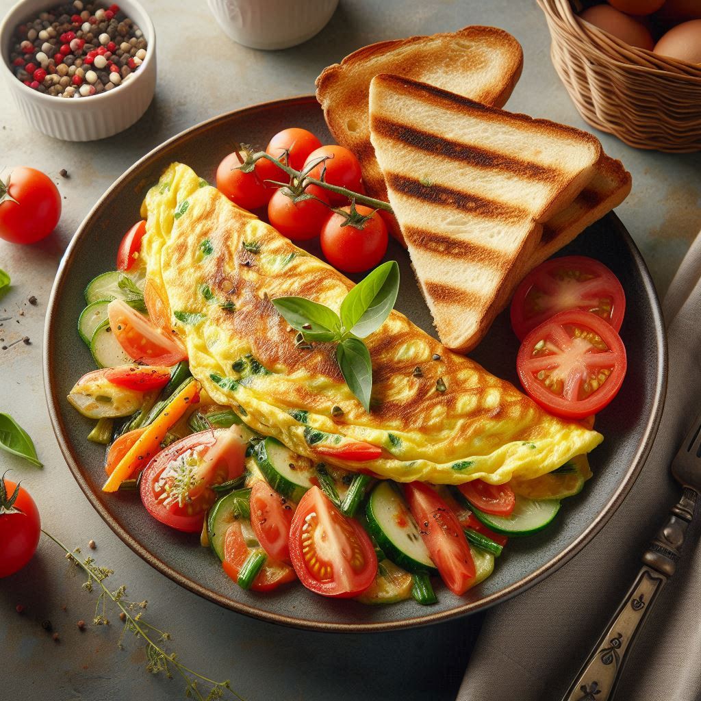 A delicious omelet with toast and fresh tomatoes A delicious omelet with toast and fresh tomatoes