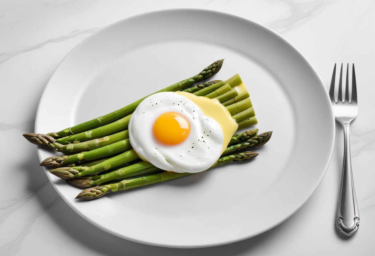 A plate of asparagus with a fried egg on top A plate of asparagus with a fried egg on top