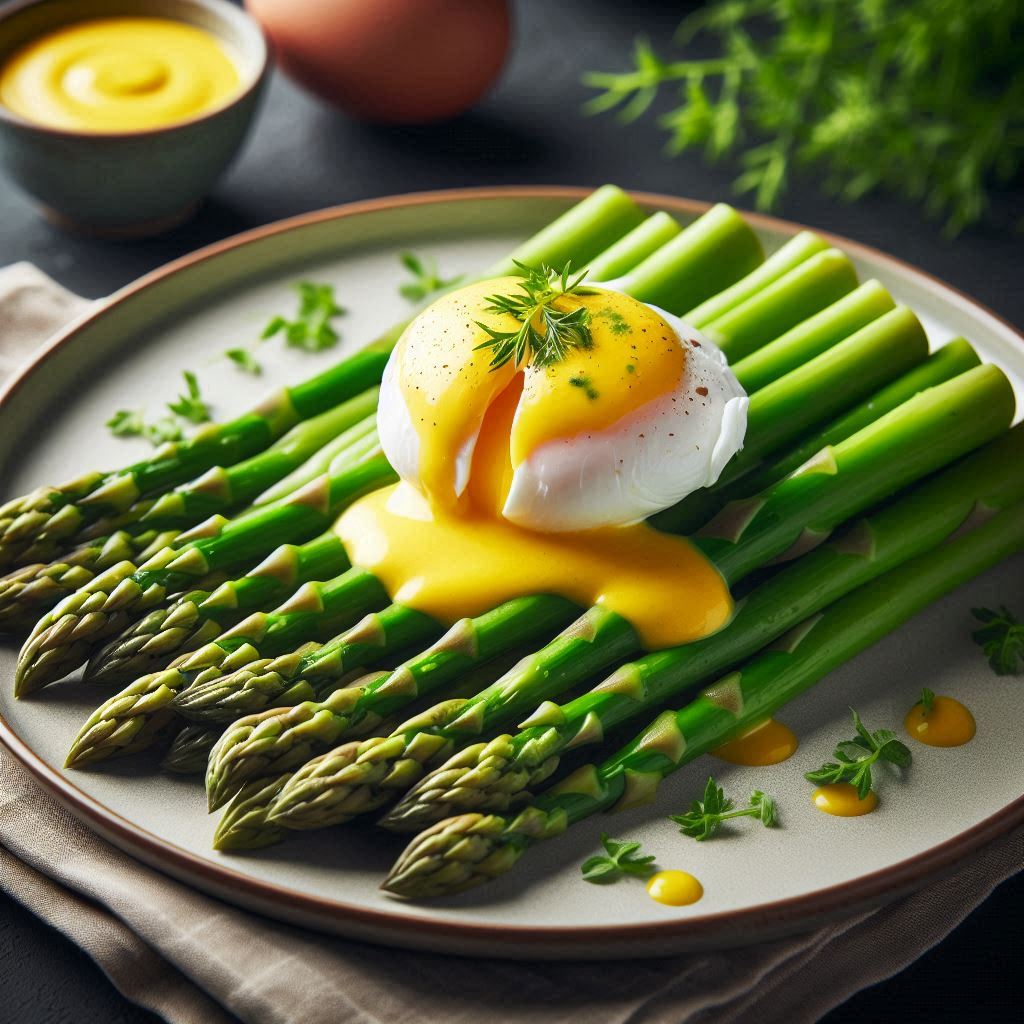 A poached egg with hollandaise sauce served over asparagus A poached egg with hollandaise sauce served over asparagus