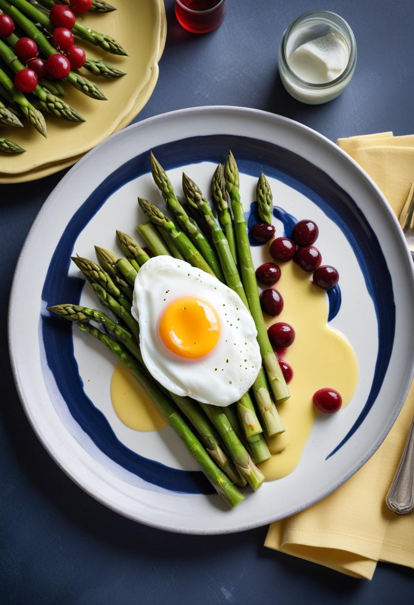 Asparagus, a fried egg, and cherries on a blue plate Asparagus, a fried egg, and cherries on a blue plate