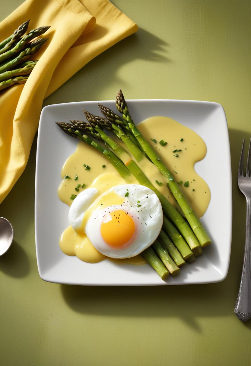 A poached egg with asparagus and hollandaise sauce A poached egg with asparagus and hollandaise sauce