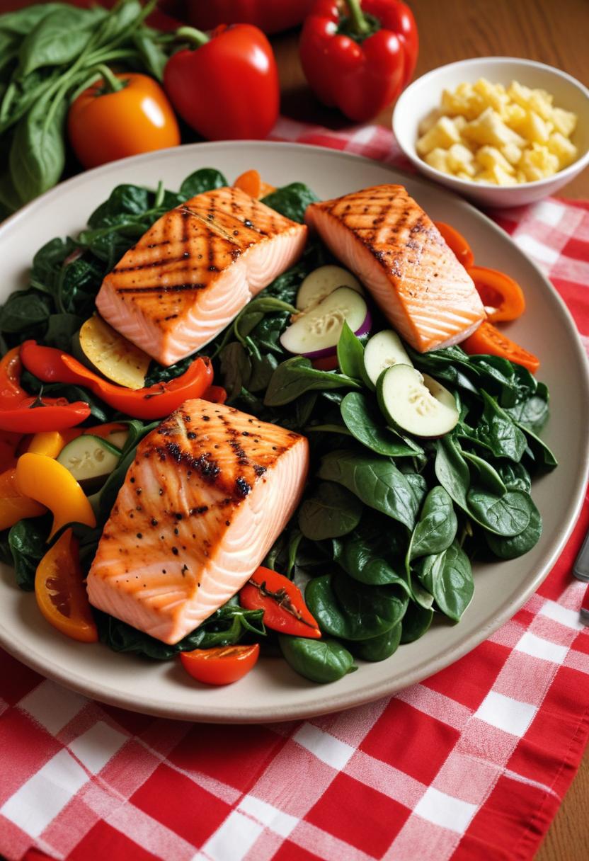 Grilled salmon with veggies on checkered cloth Grilled salmon with veggies on checkered cloth