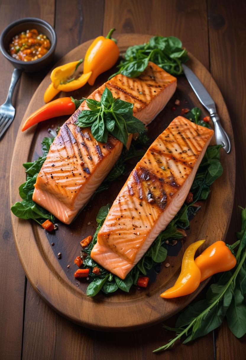 Grilled salmon on a bed of spinach, served with peppers Grilled salmon on a bed of spinach, served with peppers