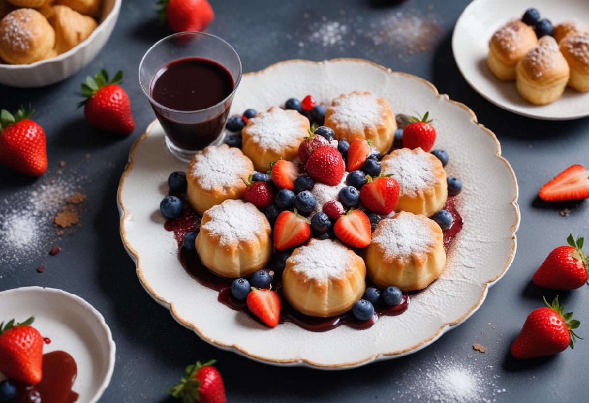 Powdered sugar dusted pastries with berries and sauce Powdered sugar dusted pastries with berries and sauce