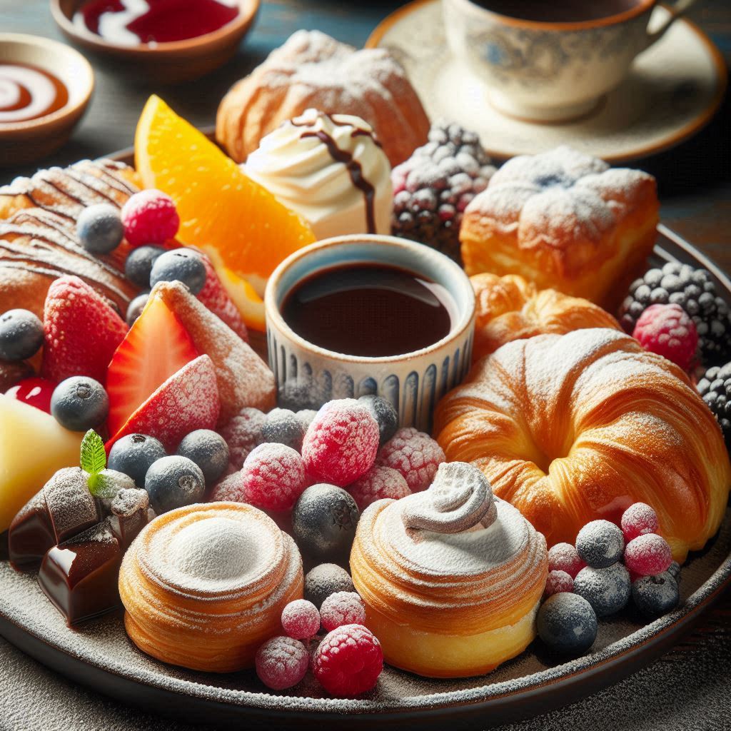 A plate of pastries and fruit for a delicious breakfast A plate of pastries and fruit for a delicious breakfast