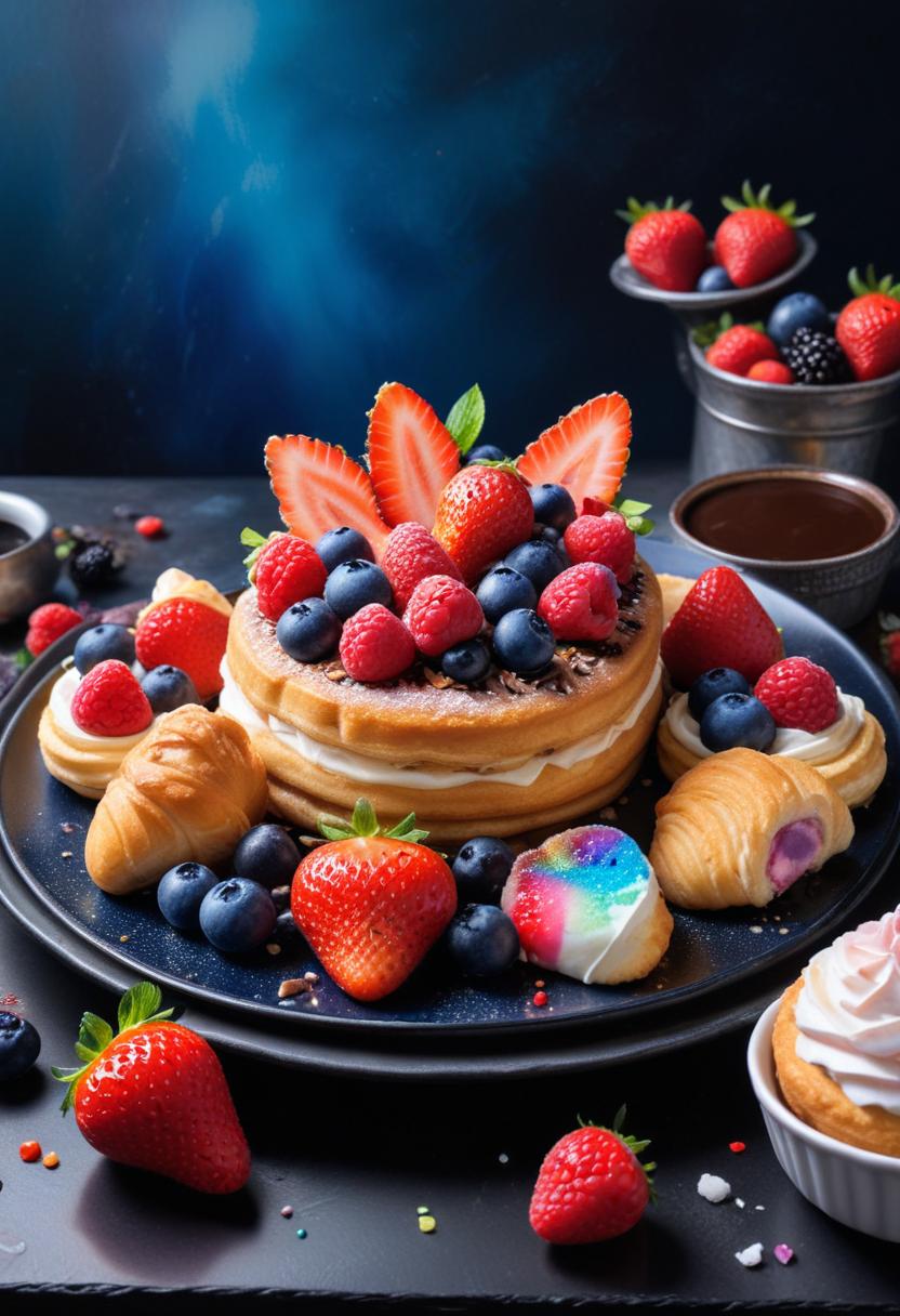 A plate of pastries and berries on a dark background A plate of pastries and berries on a dark background