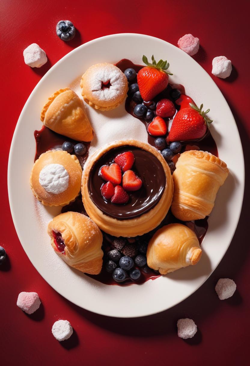 Pastries, fruit, and chocolate on red Pastries, fruit, and chocolate on red