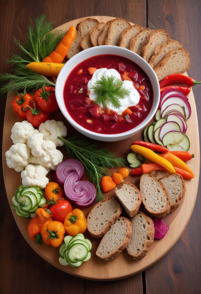 Borscht with sour cream and dill on a veggie platter Borscht with sour cream and dill on a veggie platter