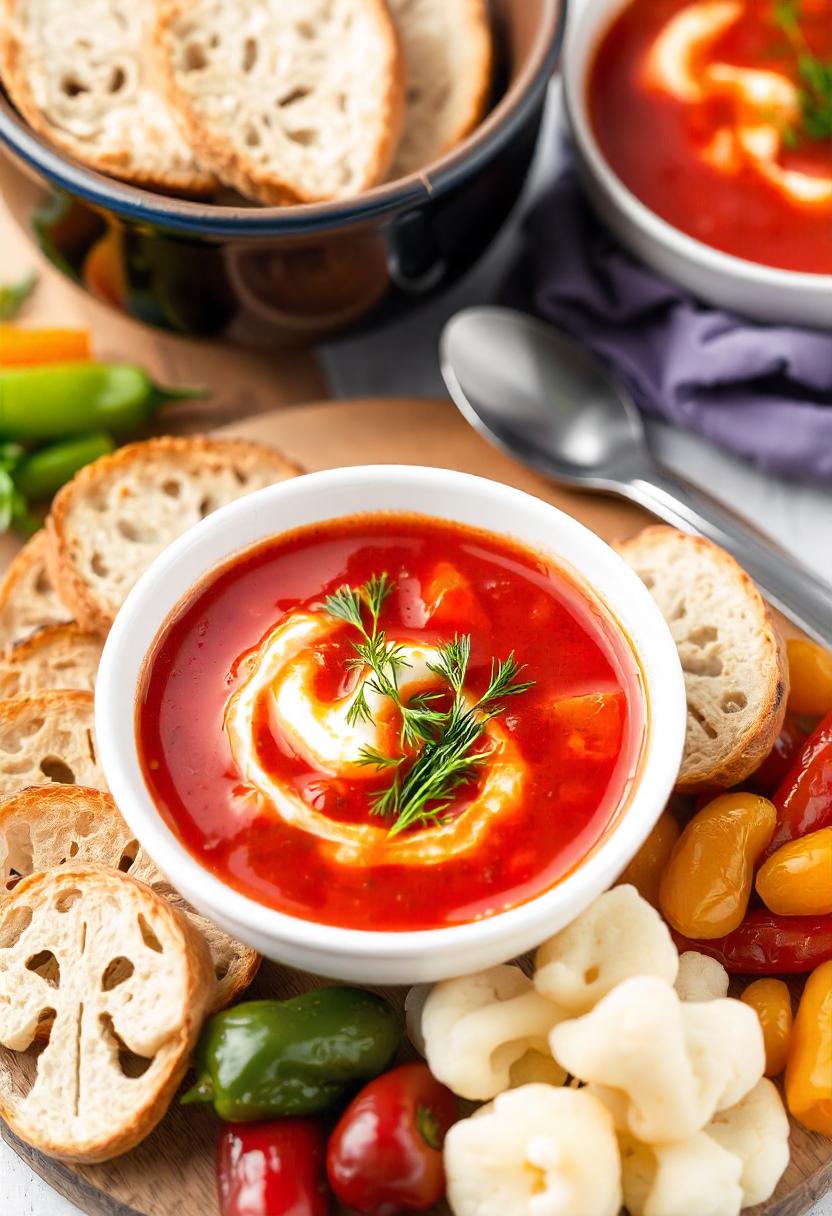 Tomato soup with cream, dill, bread, and veggies Tomato soup with cream, dill, bread, and veggies