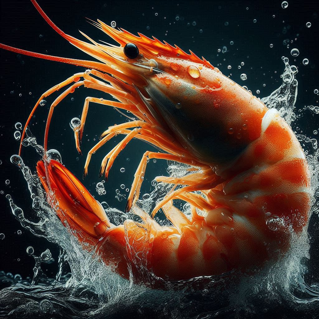 A large shrimp splashes in water against a dark background A large shrimp splashes in water against a dark background